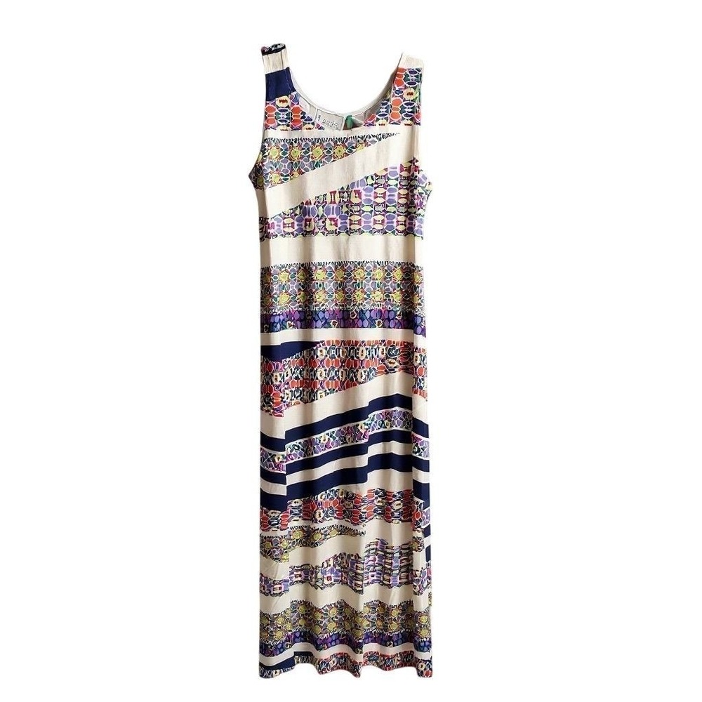 Leota Women's LARGE Birds Bees Geometric Maxi Dress White Multi‎ Sleeveless - CJ